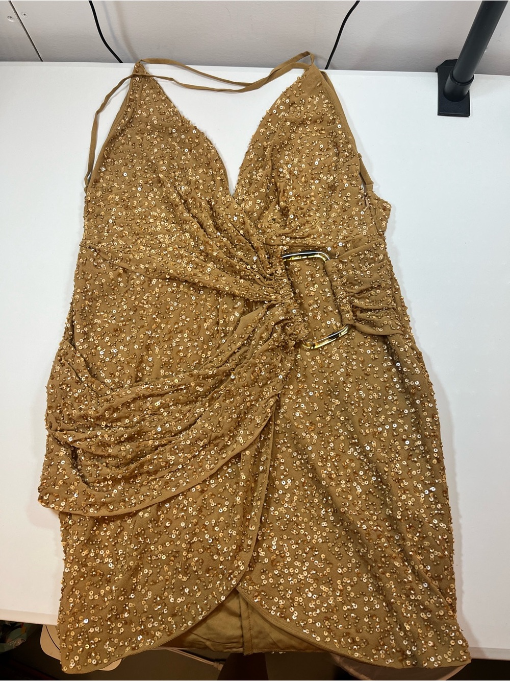 ASOS Camel Beaded Ruched Buckle Micro Mini Dress Size 4